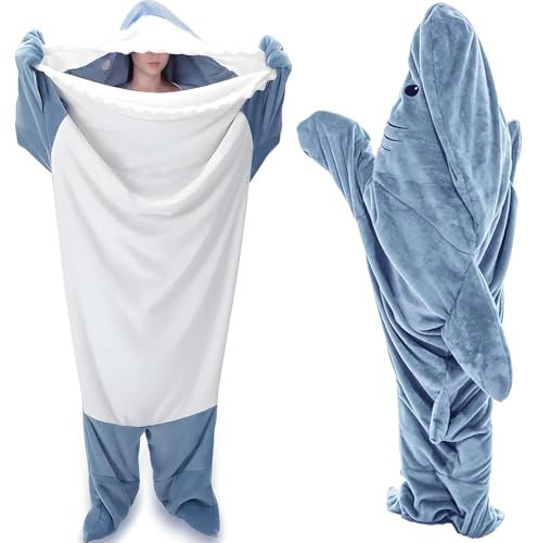 BBLTIFF Hai Decke, Shark Blanket mit Kapuze, Superweicher Shark Hoodie, Hai Decke Zum Anziehen, Tragbare Decke, Wearable Blanket für Zuhause und Pyjama-Partys, Warm & Bequem, für 175-180cm (Blau, XXL)