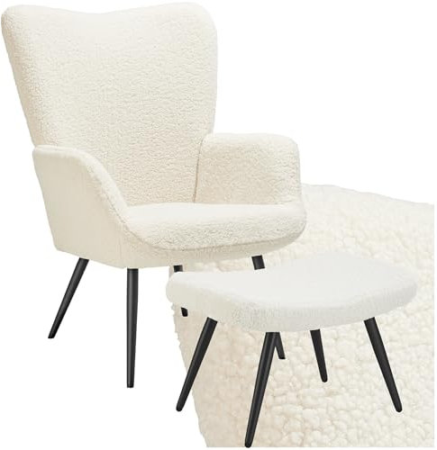 TecTake® Fauteuil Salon Confortable & Tabouret en Tissu bouclé Fauteuil Scandinave Moelleux avec Accoudoirs Chaise Ergonomique pour Salle à Manger, Chambre, Siege Bureau, Allaitement - Crème/Noir