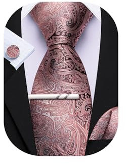 Barry.Wang Paisley-Krawatte mit Krawattenklammer für Herren, Seidenkrawatte, Einstecktuch, Manschettenknöpfe, Set, formelle Hochzeit, Party, Business, Pink Grau, Einheitsgröße