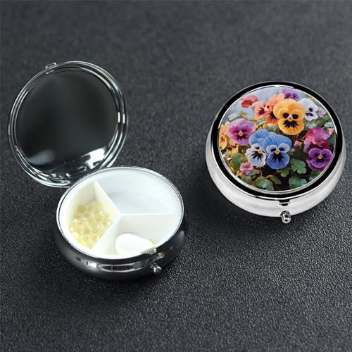Runde Pillendose, Pillendose, wöchentlicher Pillendose, Organizer mit 3 Fächern, Stiefmütterchen, Blumen, kleiner Pillenbehälter, tragbarer Vitaminhalter, Boxen für Nahrungsergänzungsmittel,