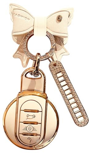 KOOLEVER Car Key Fob for Mini Cooper Key Cover Protective Cover for MINI Cooper F54 F55 F56 F57 F60 Countryman TPU 3 Buttons Smart Key, White Bow Shape Key Ring Gold Phone Number Plate