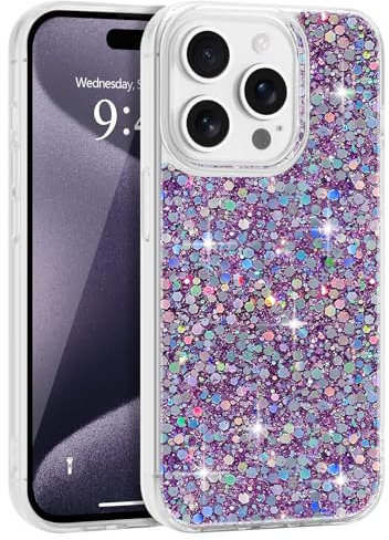 LCHULLE Designed for iPhone 15 Pro Max Case,Women Girls Glitter Bling Shockproof Bumper Cover,Cute Sparkly Shiny Slim Fit Protective Phone Case for iPhone 15 Pro Max 6.7 inch,Purple