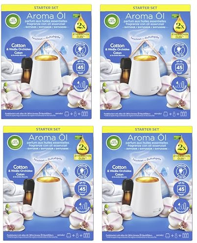 Air Wick Aroma-Öl Diffuser Starter-Set – 4 Sets mit je 1 elektrischem Gerät und 1x20ml Duftöl Nachfüllflakon Cotton & Weiße Orchidee für Raumbeduftung und Wohlfühlatmosphäre