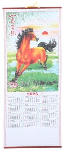 Tofficu Chinesischer Wandkalender 2026 Jahr des Pferdes, Traditioneller Mondkalender mit Kunstrattan-Rollendesign, HD-Druck Wanddeko für Neujahr, Wohnzimmer und Büro