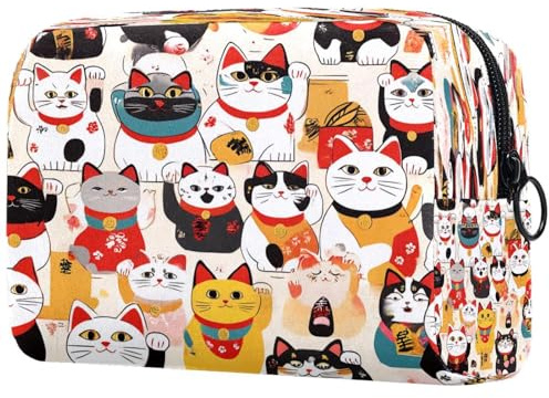 Trousse à maquillage avec motif chats porte-bonheur japonais pour femme, trousse de toilette de voyage, grande pochette de maquillage pratique avec fermeture éclair, multicolore, 18.5x7.5x13cm