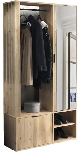 WFL GROUP Garderoben-Set mit Spiegel & Sitzbank – Kompaktgarderobe 100 cm mit Kleiderstange, Schuhablage, Stauraum – Links oder Rechts – Flurgarderobe für Diele, Eingang – Artisan Eiche – Lena