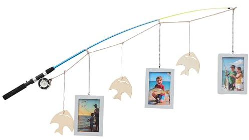 FURAOMEILI Angelruten-Bilderrahmen,Fischer-Fotorahmen,Hängende Wanddekoration für Vatertag,Geburtstag,Weihnachten,Kinderzimmer,Jungenzimmer,Badezimmer,Seehaus(Grau)