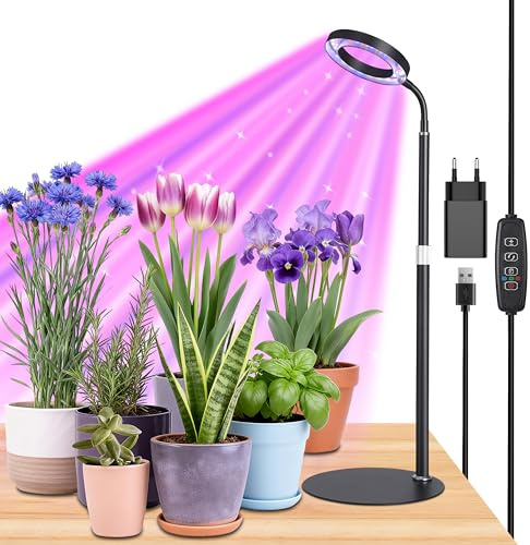 Czoumu Schwarzes Vollspektrum-8-W-Desktop-Halo-Wachstumslicht, höhenverstellbar 30–60 cm, 3/9/12-Stunden-Timer, 3-farbiger LED-Ring für Setzlinge und Sukkulenten