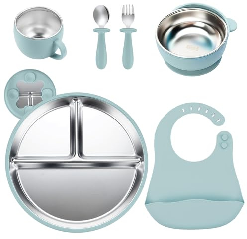 Juego de alimentación para bebés de acero inoxidable, utensilios para niños pequeños aptos para lavavajillas, platos divididos para suministros de destete guiado por el bebé para bebés de 6 a 12 meses