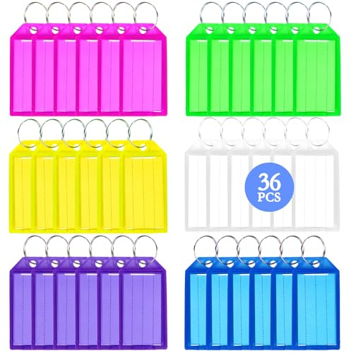 KU 36 Stück Schlüsselanhänger Beschriftbar, Robust Kunststoff Durable Schlüsselanhänger Set mit Split Ring Label Fenster, 6 Farben Schlüsselringe
