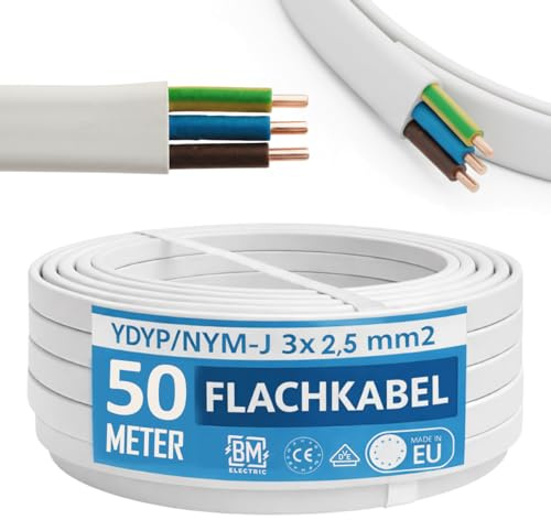 NYM kabel 3 x 2,5 mm² YDYp – strömkabel 3-polig 2,5 mm², platt kabel 50 m, 11 x 6 mm, fönstergenomföring, våtrumskabel, massiv kopparledare, 300/500 V