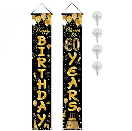 Pancarta Feliz Cumpleaños 60 Anos, Oro Negro Cumpleaños Pancartas Fotográficas, Photocall 60 Cumpleaños, Happy Birthday Decoracion para Hombre Mujer para Fiesta Cumpleaños 60, 30 x 180 cm (60)