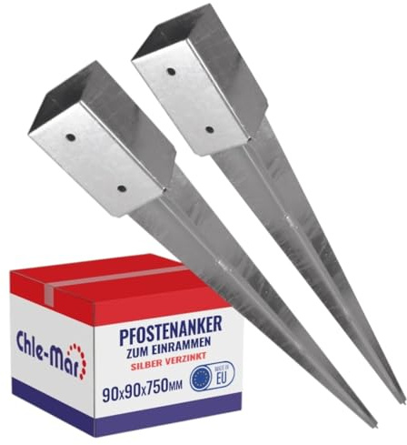 Chle-Mar 2x Pfostenträger Einschlaghülse 90x750 mm, Stabile Bodenhülse | aus Metall 3 mm, für Holzpfosten, Einschlagbodenhülse / Bodenanker / Pfostenanker für Zaun, Pergola & Konstruktionen