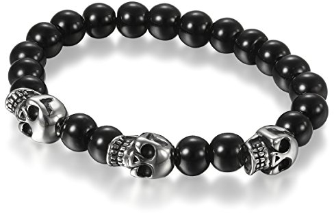 Flongo Bracelet Homme Perle Crâne: Bracelet Homme Garçon Élastique Perles Boules Verre avec Tête de Mort Acier Inoxydable Couleur Argent Noir Fantaisie - Cadeaux Anniversaire Noël Halloween