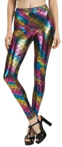 Hamishkane New Ladies Mermaid Fish Scale Print Slim Fit Shiny Disco Metallic Leggings Pants