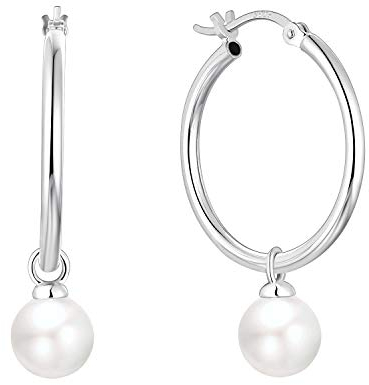 JO WISDOM Perlenohrringe Silber 925 15MM Creolen Hängend Ohrringe mit 10MM Weiß Perlen,Schmuck für Frauen