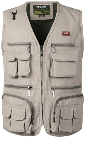 KTWOLEN Herren Angelwesten Sommer Outdoor Weste mit Vielen Taschen Fotografie Anglerweste Arbeitsweste Safari Weste Jagd und Fischer Weste, Beige, L