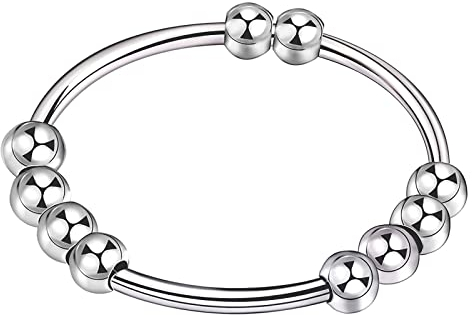 Senidea 925 Sterling Silber Anti Stress Angst Ringe, Fidget Anxiety Zappel Beads Ring, Stapelbare Spinner Ringe mit Perlen Band Ring für Damen