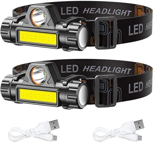 CREADY® Pack 2 Linterna Frontal LED Recargable, Luz Frontal Cabeza de Alta Potencia Portátil con Ángulo Ajustable e Impermeable, Foco Luz LED Recargable Ideal para Correr, Excursión o Ciclismo