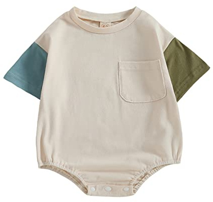 Twopumpkin Baby Bubble Romper Newborn Boy Girl Oversized Color Block Short Sleeve Onesie Summer Clothes Cute Outfits (Pocket Blue Green,6-12 Months)