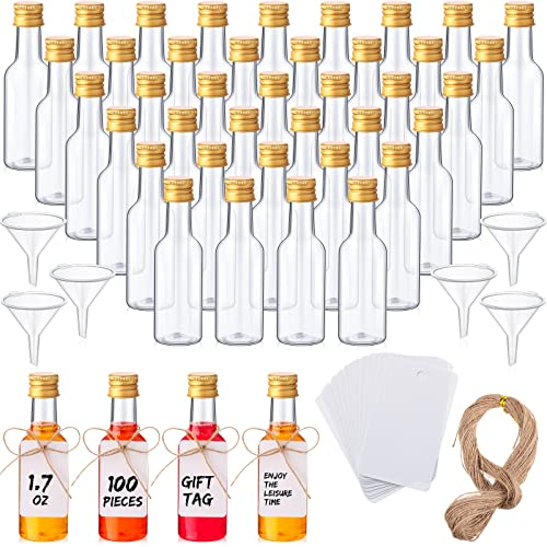 100 Pcs Mini Liquor Bottles Set, 1.7oz Plastic Shot Bottles with Caps, 6 Funnels, 100 Tags, and 65ft Ropes, Miniature Spirit Containers Bulk for Wedding Party Favors