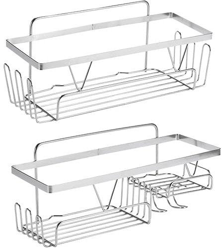 Bamodi Duschregal-2er-Satz - Organisierte und Aufgeräumte Dusche ohne Bohren - Hochwertiges Stahl Duschregal aus Langlebigem Material - Shampoo, Seife, Rasierer und Mehr - Silber Chrom