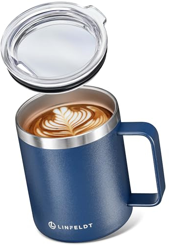 LINFELDT® Thermobecher 360ml aus Edelstahl - 1H Heiß & Kalt - Doppelwand - Thermotasse mit Henkel und Deckel für Camping & Büro - Isolierter Kaffeebecher & Tee