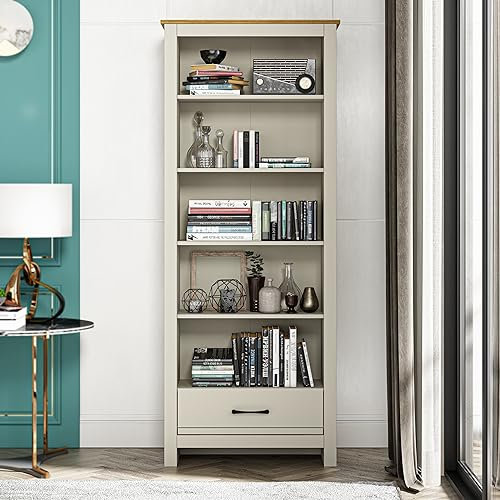 Galano Limestone Bookcase – 5 Tier Large Shelves with 1 Drawer – Wooden Display Storage Unit for Office, Living Room Furniture (Light Grey)