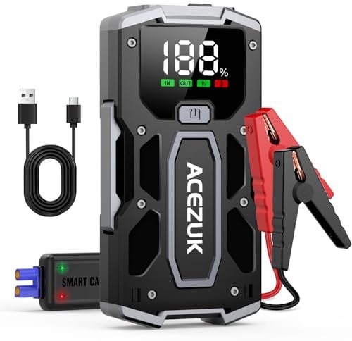ACEZUK Booster Batterie Voiture 4500A, Démarreur de Voiture Portable (Jusqu'à 5.5L Diesel ou 7.0L Gaz), 12V Jump Starter avec 2.5 inch Écran LCD, Pinces de Sûreté Intelligentes, Lumière LED