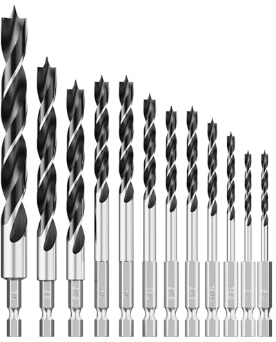 MACXCOIP 12Pcs (1/8 - 1/2) Hex Shank Brad Point Wood Drill Bit Set