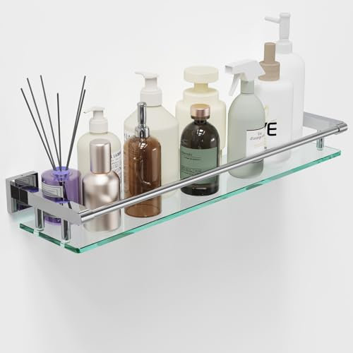 SFGSOWOR Glasregal für Badezimmer, Wandregale, 61 cm, rechteckig, Edelstahl, gehärtetes Glas, moderne Wandhalterung, Zubehör, Organizer, Aufbewahrung (verchromt, poliert, 61 cm)