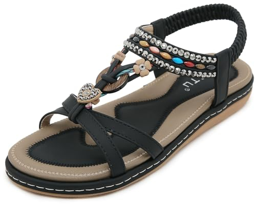 Meik Mangni Sandales Mode Femme Bohême Plates été Sandales Confortable Bout Ouvert Sandales de Marche,Noir,Taille:38 EU