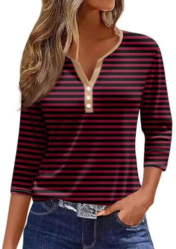 Generic HUIFUAO T-Shirts pour Femmes, T-Shirts d'été à Boutons avec col en V et Manches 3/4 pour Femmes, Haut rayé de Couleur, t-Shirt d'été Basique pour Femme, Coupe Ample, A01 Vin, L