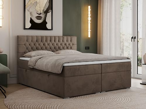 MKS MEBLE Boxspringbett 160x200 cm mit Bettkasten, Premium Multipocket Matratze H3 mit Topper T25, Doppelbett mit Kopfteil PERA - Braun Velvet