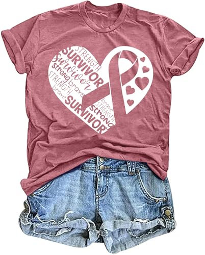 tiorhooe Octobre Rose T-Shirt Ruban Rose T Shirt Femme Cancer du Sein Tee Shirt