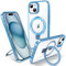 Flyzoo Magnetic Kickstand Case for iPhone 15, [Compatible with MagSafe & Invisible Ring Stand Holder] [Non-Yellowing & Shockproof] Clear Transparent Hard Silicone Edge Cover, 6.1'', Clear Blue