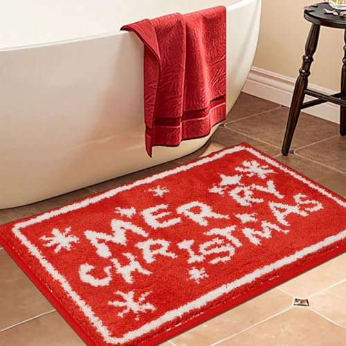 Homcomodar Weihnachten Badezimmermatten rutschfeste 50x80cm Frohe Weihnachten Waschbare rote Badematten Ultra saugfähige Badematte Extra weiche Weihnachten Badeteppiche für Badezimmer