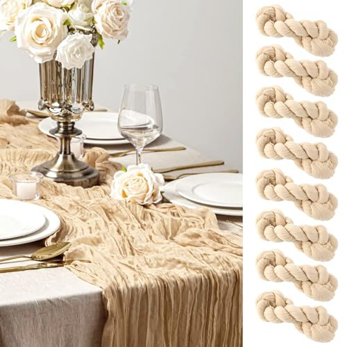 APACALI 8 Stück Tischläufer Musselin Stoff, 90 x 300cm Beige, Käsetuch Hochzeit, Boho Gaze für Hochzeit, Geburtstag, Tischdekoration
