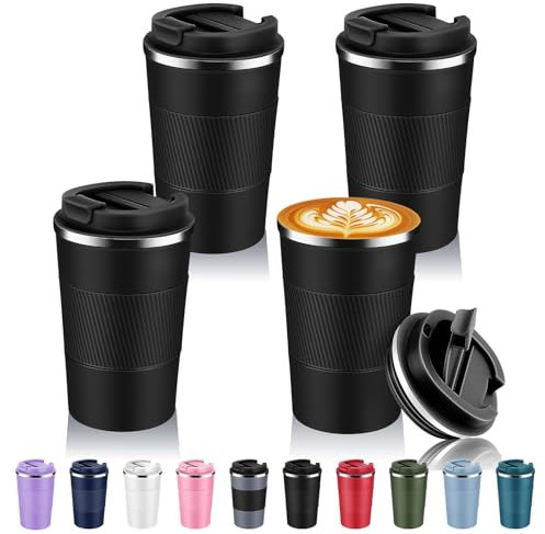 Volhoply 380ml 13oz Stainless Steel Insulated Travel Coffee Mug with Fip Lid Bulk 4 Pack,Reusable Double Wall Vacuum Metal Coffee Cup,Portable Leak Proof Tumbler for Hot & Cold Drinks(Black,4)