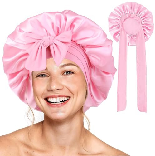 Barlone Seidenhaube zum Schlafen Lange Haare, Bonnet Seide, Silk Bonnet Weiche und Bequeme, Hair Bonnet, Schlafhaube Seide für Verstellbares Breites Band zur Befestigung am Kopf(Rosa)