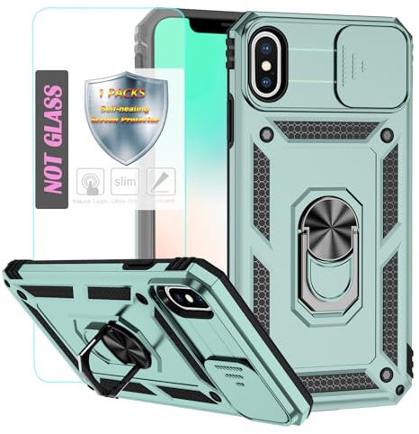 YmhxcY Handyhülle Für iPhone XS Max Hülle,[mit 1 Stück Schutzfolie],360°Drehen Metallständer，Stoßfester Schutz Hartschale，Mit Kameraschutz，for iPhone XS Max case-Dunkelgrün