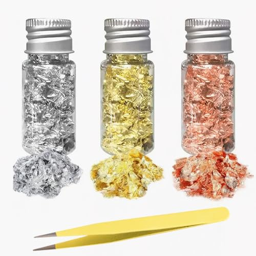 3 Bottles Decorative Gold Leaf, Non-Edible Gold Foil Flakes with Tweezer | Gold Leaf for DIY Crafts, Resin Art, Jewelry Making, Nail Art, Makeup, Painting & Candle Decor (Gold, Silver, Rose Gold)