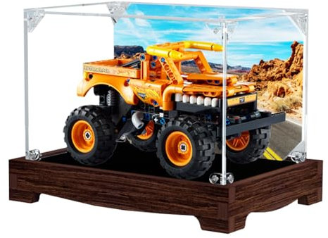 Figuren-Displaybox für LE-GO für 42135 Monstter Jam El To-ro Lo-co Acryl, staubdicht, transparent, benutzerdefinierte Vitrine (kein Modell) (Hintergrund A + Walnuss)