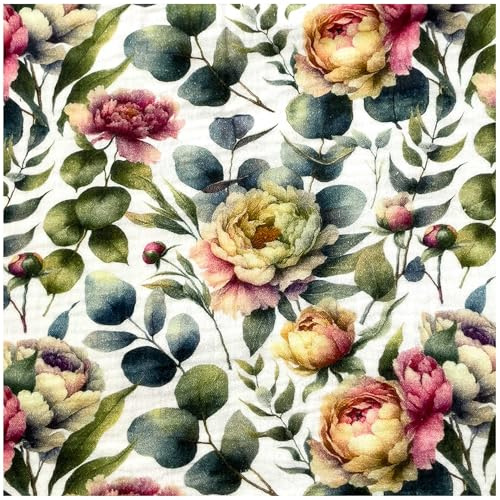 Musselin Flower Double Gauze Digital Print ab 0,5m x 1,38m Baumwollstoff Meterware, Motiv:Blumen 2