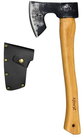 Xforst X-H6 Ascia Accetta vichinga, Ascia da sopravvivenza in acciaio al carbonio forgiato | con manico in legno Hickory e custodia protettiva in vera pelle | Lunghezza 38 cm, Peso 0,75 kg