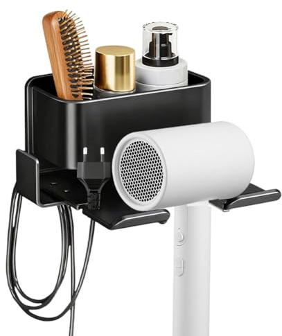 Fönhalter ohne Bohren mit Kabelhalter und Aufbewahrung – Selbstklebender Haartrocknerhalter aus Aluminium für Dyson und Meisten Haartrockner, Wandmontage, Haartrockner Halterung für Bad, 14x13,8 cm