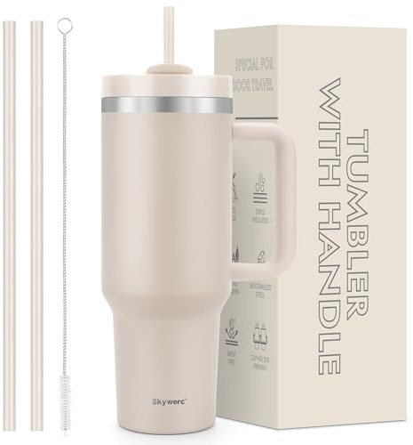 40 oz Tumbler with Handle and Straw, 2 in 1 Lid, Vacuum Insulated Stainless Steel Double Wall Water Bottle Travel Mug - Holiday Gifts for Women Men - Rose Quartz