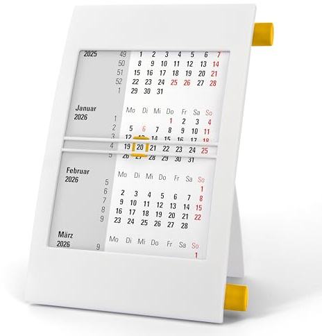 3-Monatskalender Tisch 2026 2027 - Büro & Homeoffice Tischkalender mit Drehmechanik - 2-Jahres-Kalender - weiß/gelb - Truento