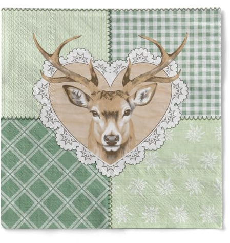 Mank Serviette Abigail, hochwertige 3-lagige Tissue Servietten, Hirsch Jäger Motiv, Grün Weiß kariert, Einweg Papierservietten 100 Stück (33 x 33 cm)