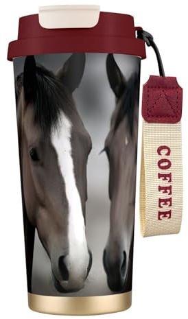 XKBFKLKMC Leakproof Insulated Coffee Mug, Cute Two Horses Print 16 Oz (500 Ml) Insulated Tumbler Cup with Lid and Straw, Stainless Steel Travel Coffee Cup for Water, Iced Tea Or Coffee